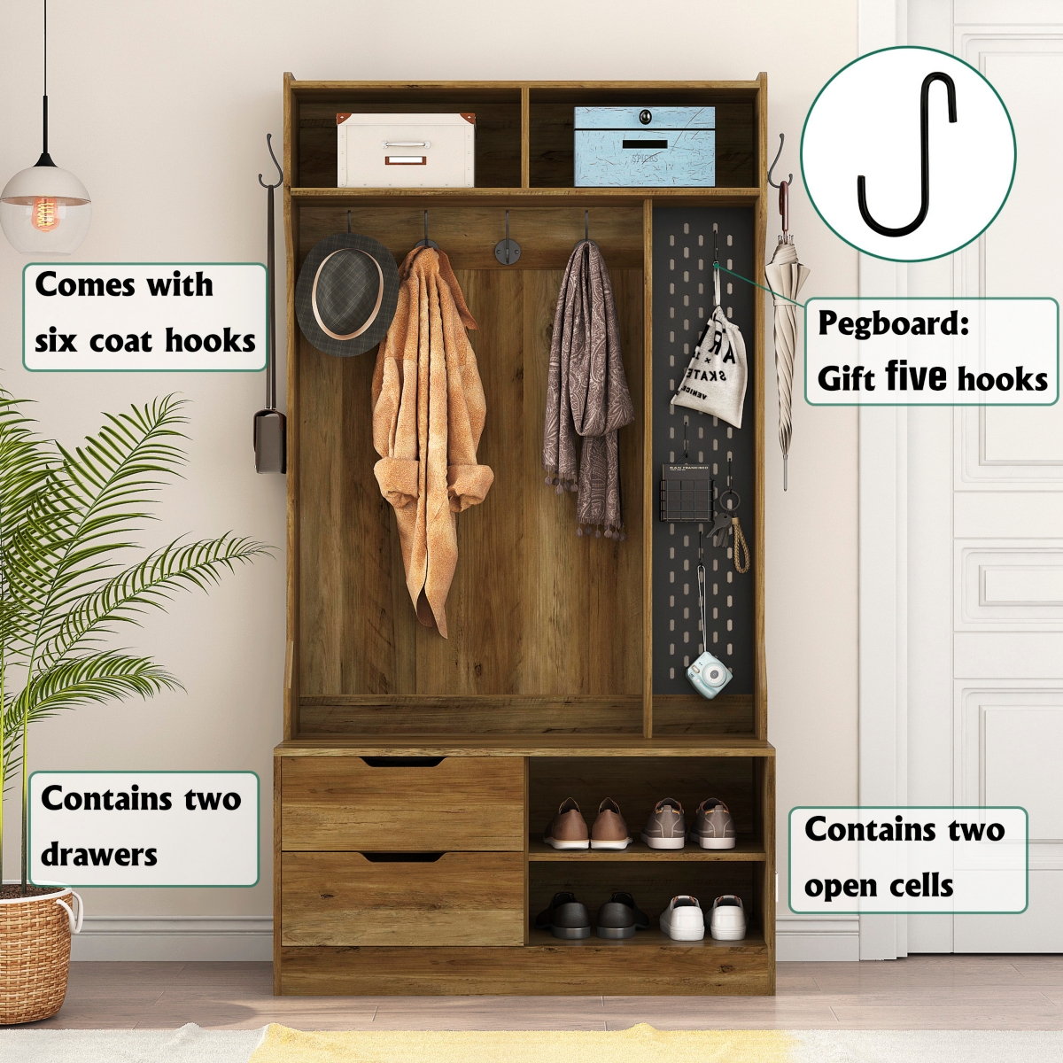 Streamdale Furniture Hall Tree with 6 Hooks, Coat Hanger, Entryway Bench, Storage Bench, for Entrance, Hallwa,- Brown