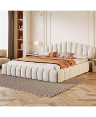 Streamdale Beige Velvet Queen Bed Frame with Shell-Shaped Headboard