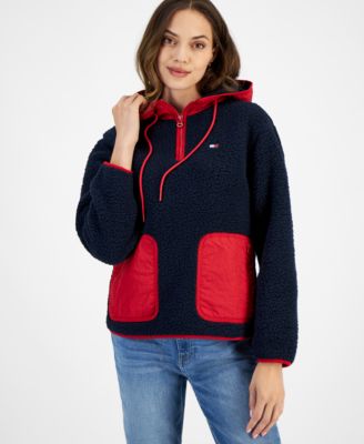 Women s Solid Sherpa Hooded Pullover Jacket