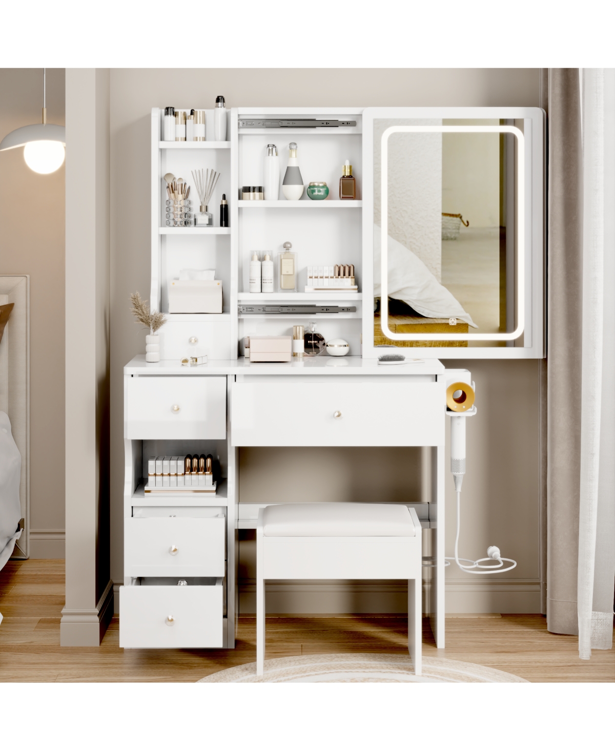 Streamdale Furniture Compact Vanity Table with Led Mirror, Power Station, and Stool