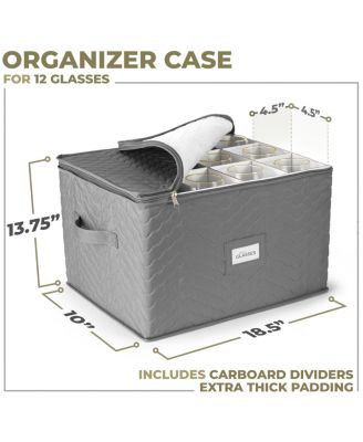 Quilted Glassware Storage Case with Dividers - Holds 12 - Great for Protecting Wine Glasses, Champagne Flutes, Goblets, and more (Gray)