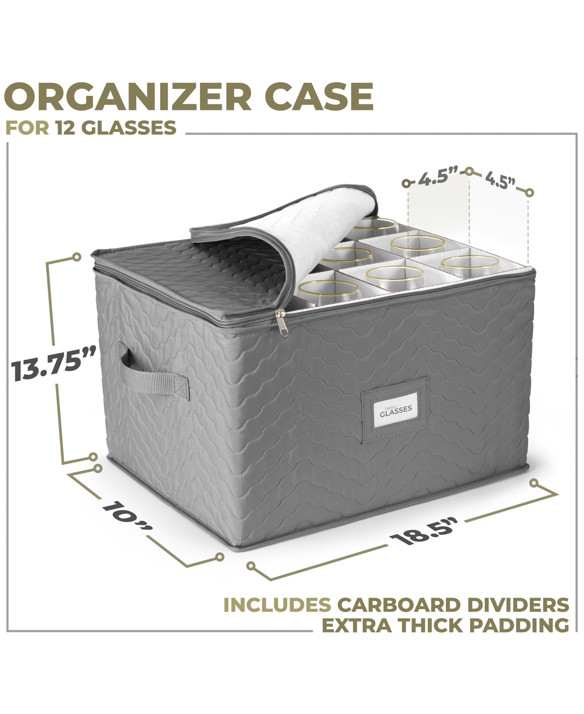 Sorbus Quilted Glassware Storage Case with Dividers - Holds 12 - Great for Protecting Wine Glasses, Champagne Flutes, Goblets, and more - Gray