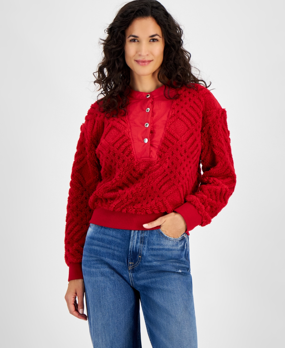 Tommy Hilfiger Women's Textured Snap-front Pullover Sweatshirt In Chili Pepper