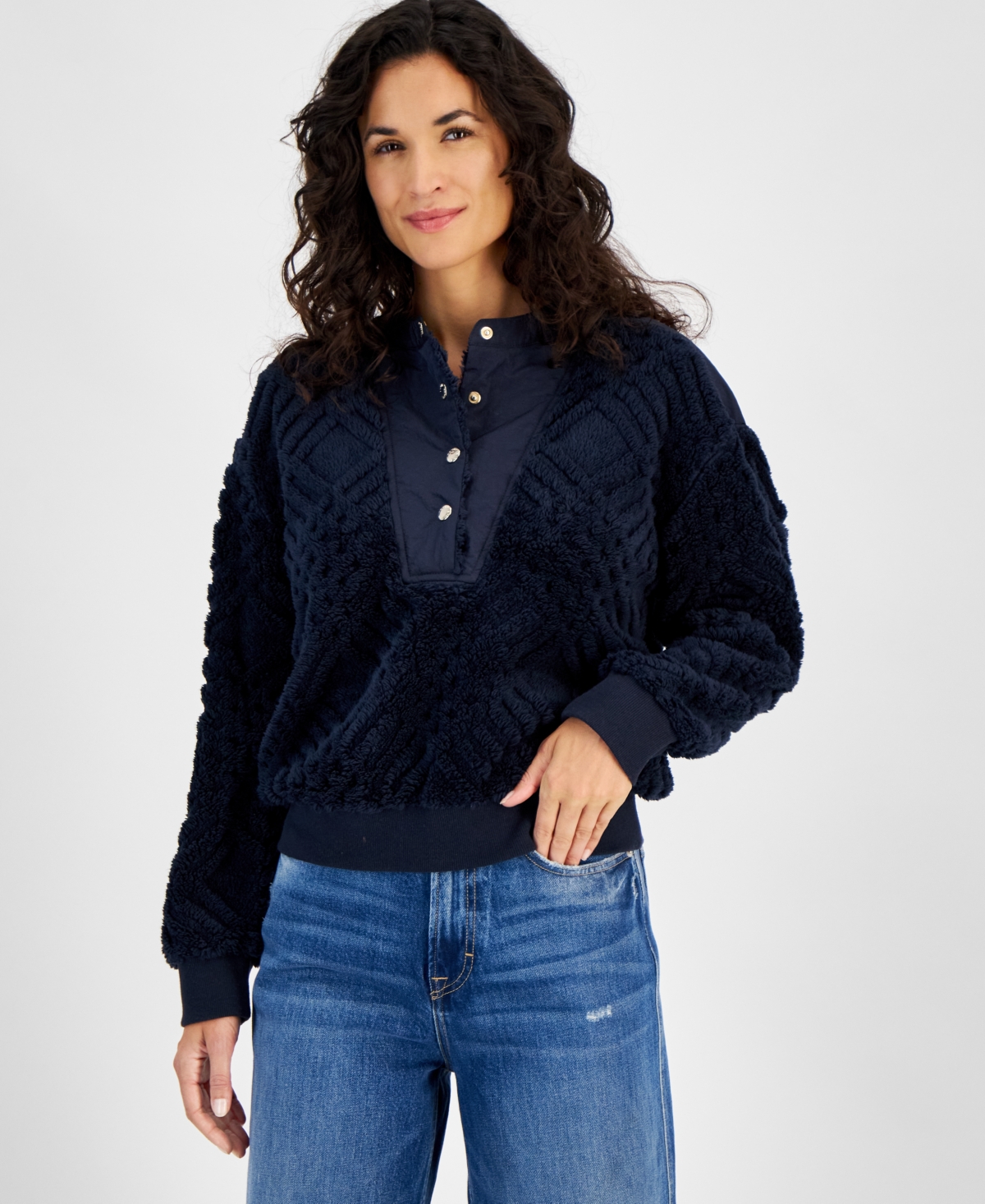 Tommy Hilfiger Women's Textured Snap-front Pullover Sweatshirt In Sky Captain