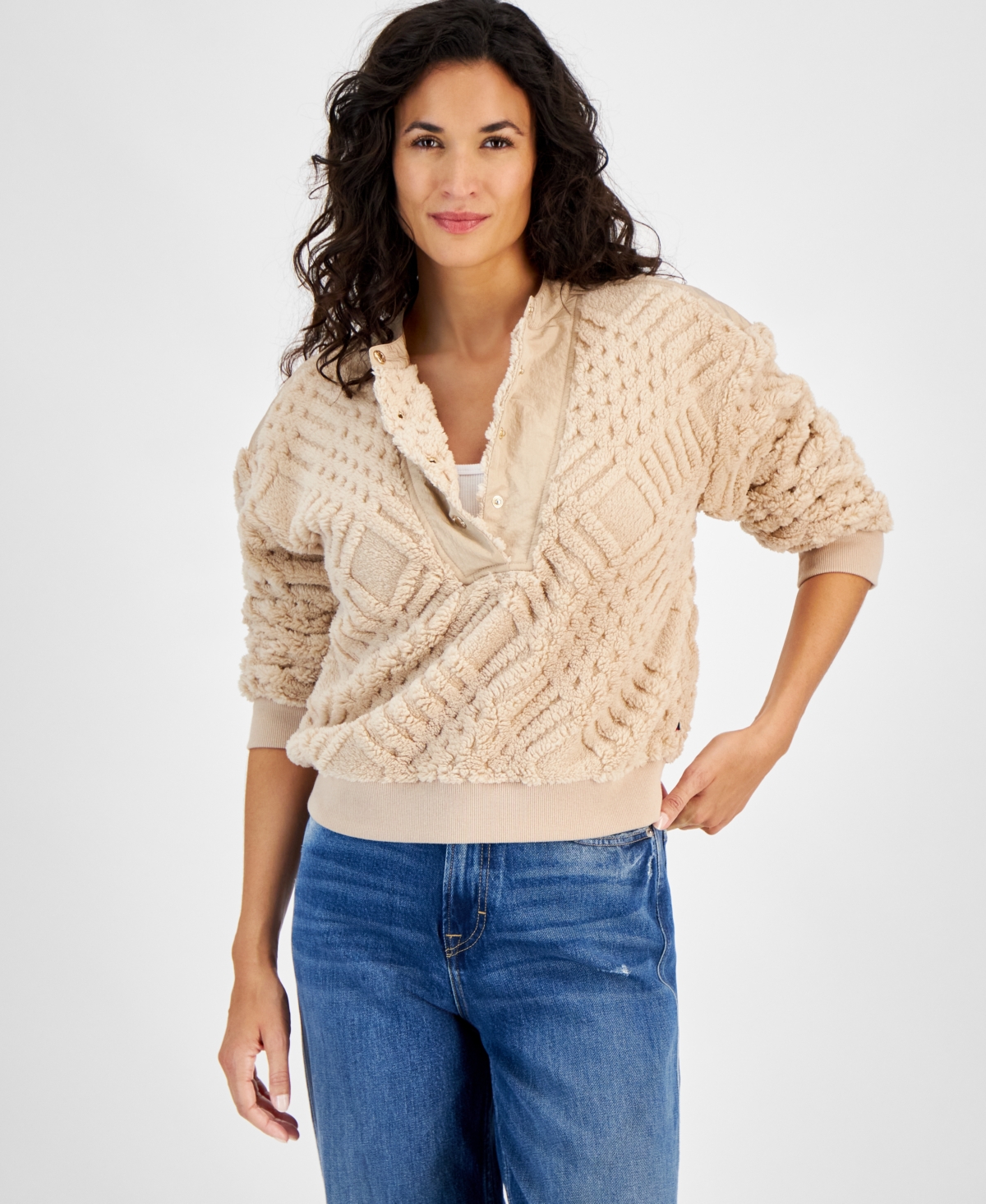 Tommy Hilfiger Women's Textured Snap-front Pullover Sweatshirt In Light Fawn