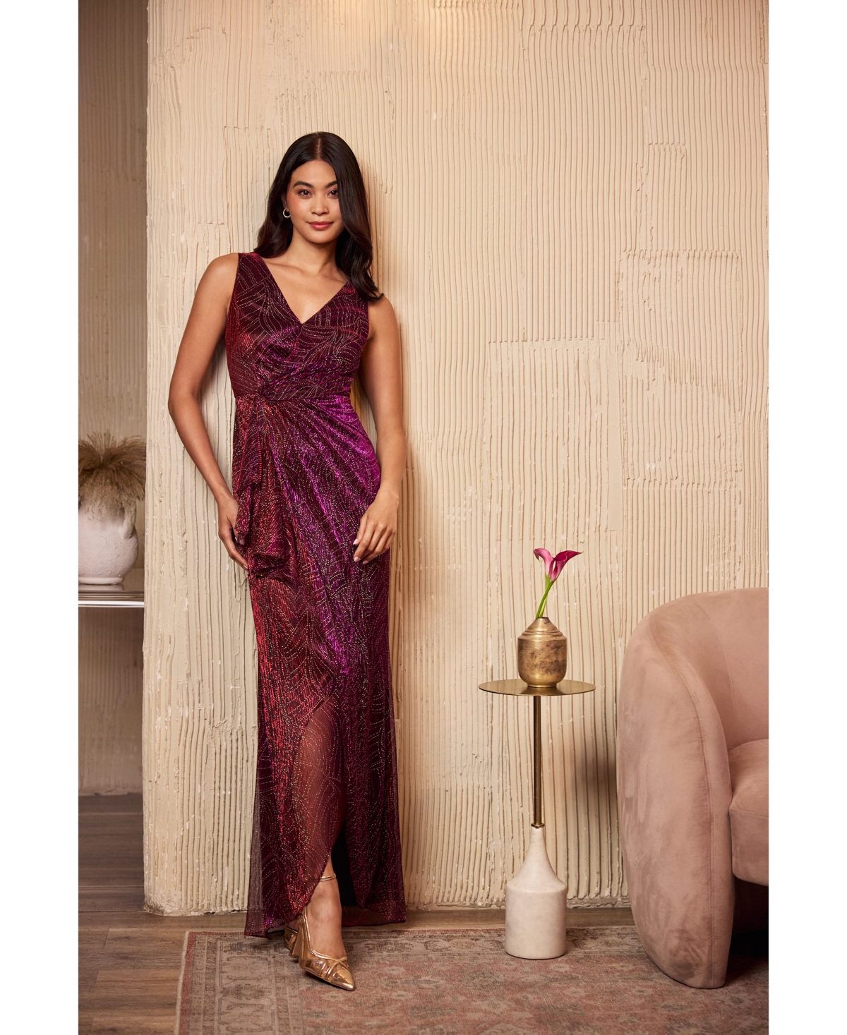 Adrianna Papell Women's Metallic Ruffled Sleeveless Faux-Wrap Gown