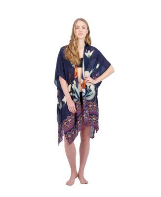 Tahari Women's 100% Viscose Lightweight Tropical Print Kimono, Navy
