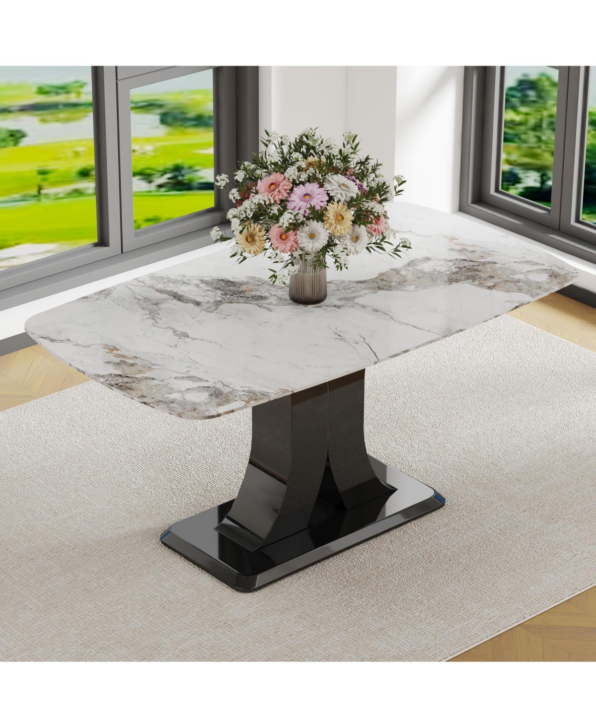 Streamdale Furniture Luxurious Faux Marble Dining Table with Modern X-Shaped Base - White+black