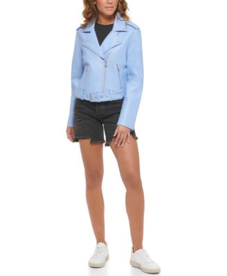 Women's Faux-Leather Belted Hem Moto Jacket