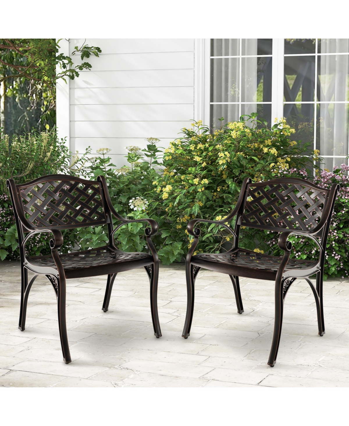 Skonyon Cast Aluminum Patio Chairs Set of 2 Dining Chairs with Armrests Diamond Pattern