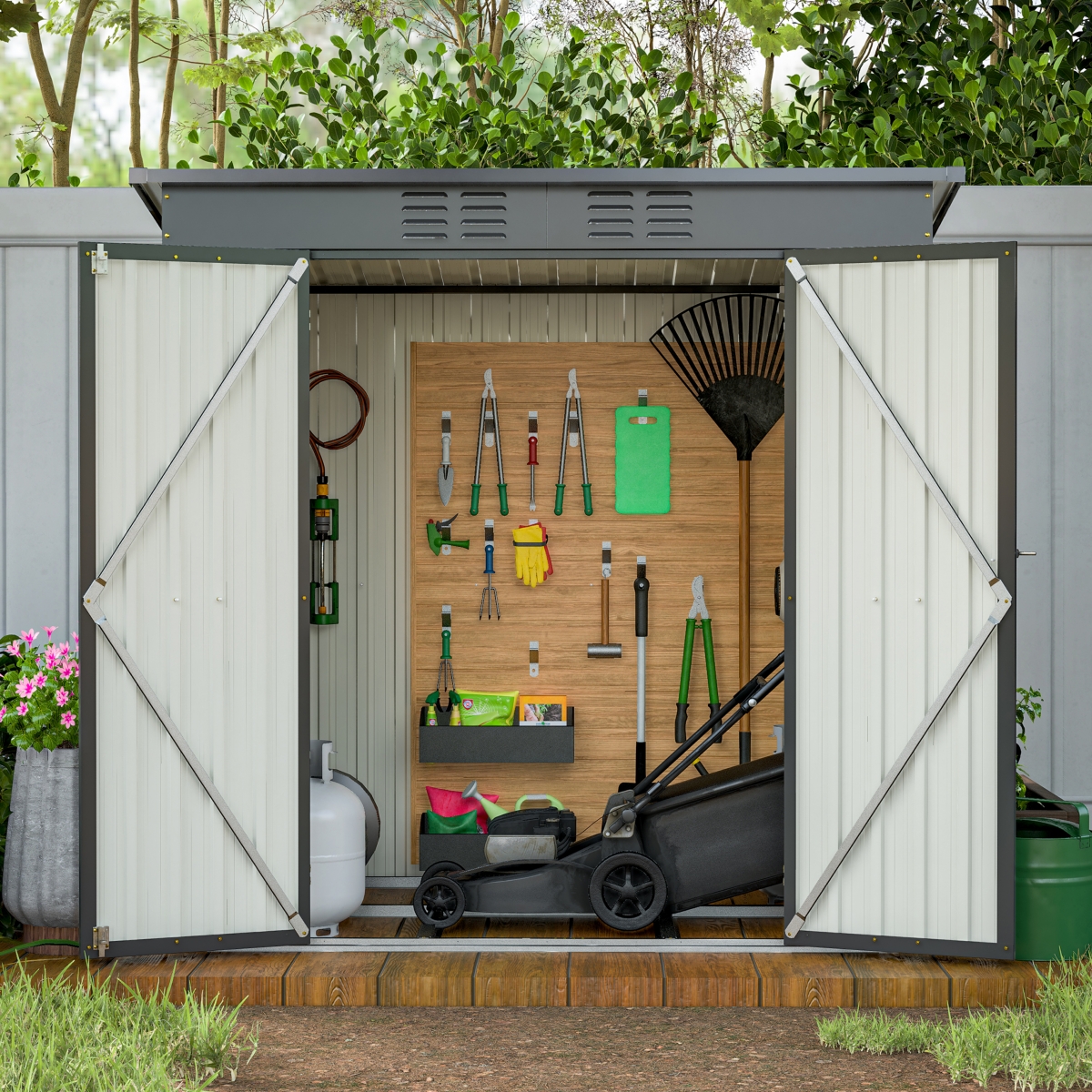 Sturdy and Tall 72" x 48" x 68" Black Shed with Double Hinged Door