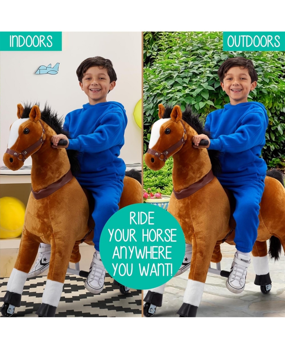 Jumbl Lil Ride on Horse, Kids Ride on Toy w/Realistic Sounds & Wheels - Brown