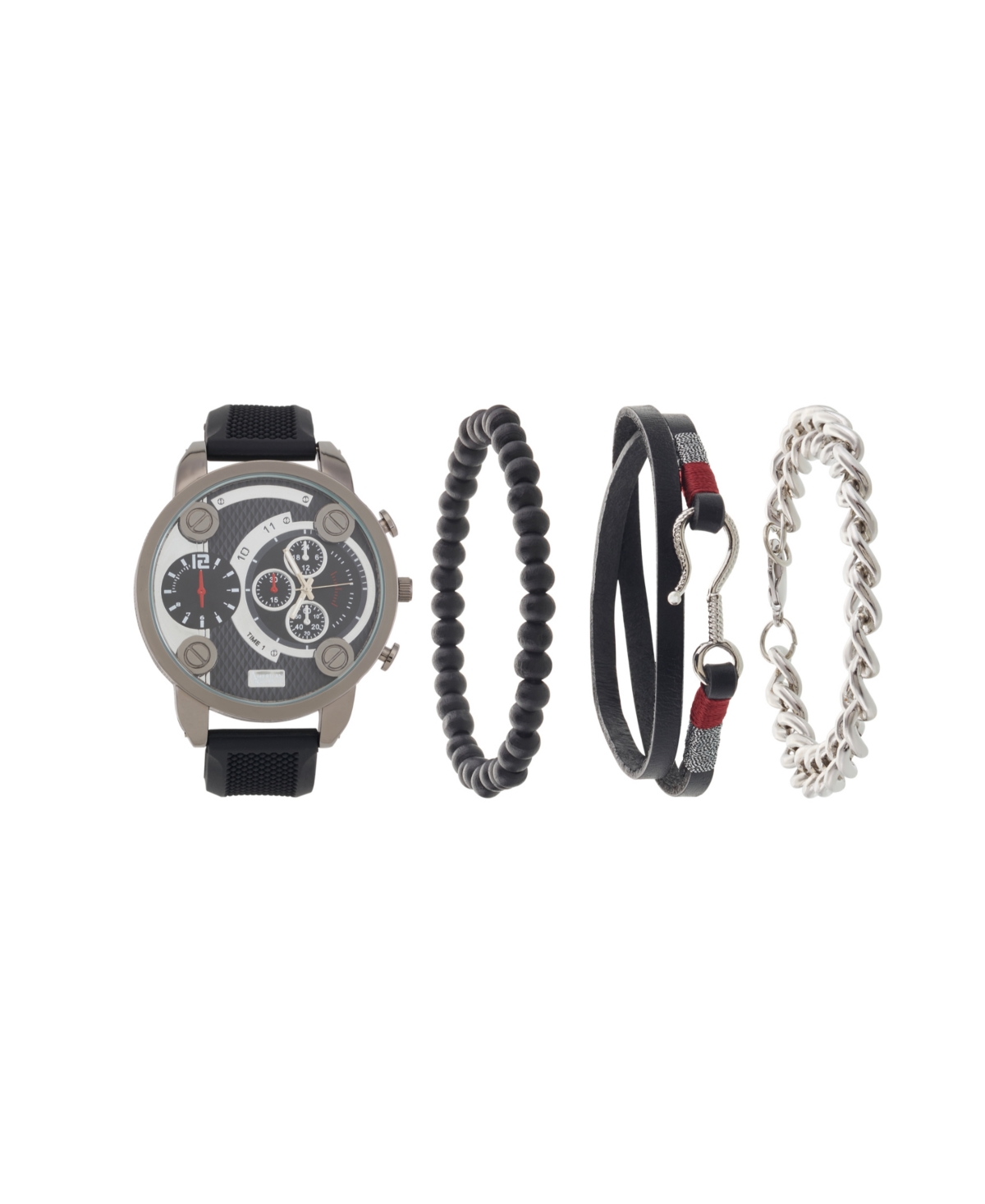 Men's Black Rubber Strap Analog Watch 51mm with Stackable Bracelets Gift Set - Black/gunmetal