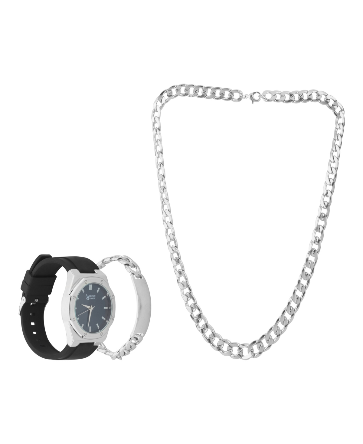 AMERICAN EXCHANGE MEN'S MATTE BLACK SILICONE STRAP ANALOG WATCH 42MM WITH NECKLACE AND BRACELET GIFT SET 