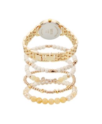 Women's Shiny Gold Metal Alloy Band Analog Watch 31mm with Stackable Bracelets Gift Set