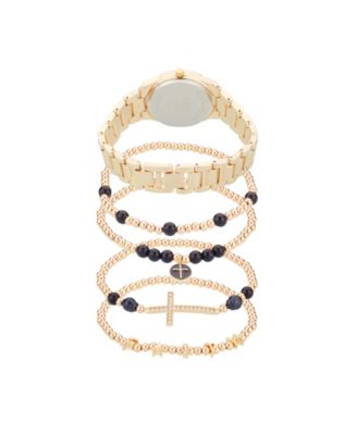 Women's Shiny Gold Metal Alloy Analog Watch 33mm with Stackable Bracelets Gift Set