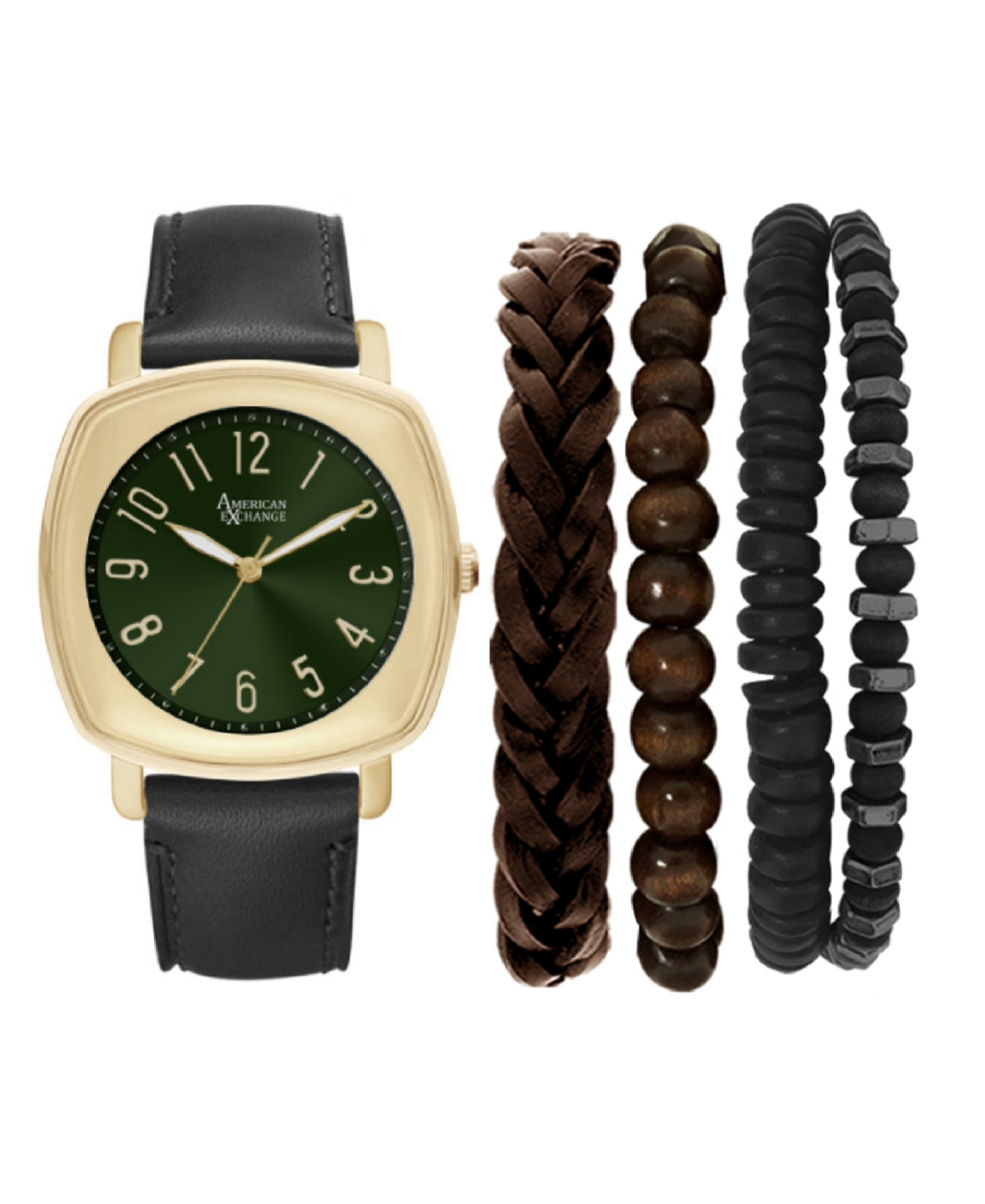 Men's Black Leather Strap Analog Watch 46mm with Stackable Bracelets Gift Set - Black/Green