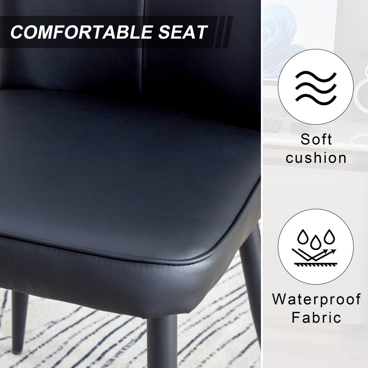 Streamdale Furniture Set of 4 moderndining chairs, Pu leather, metal legs - Black