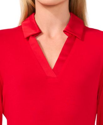 Women's Woven-Collar Knit Long-Sleeve Top