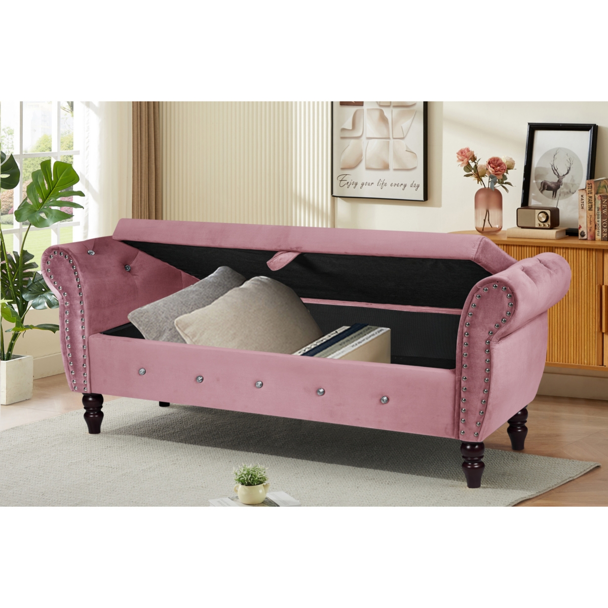 Streamdale Furniture Velvet Storage Ottoman Bench with Crystal Buckle, Solid Wood Legs, Pillow