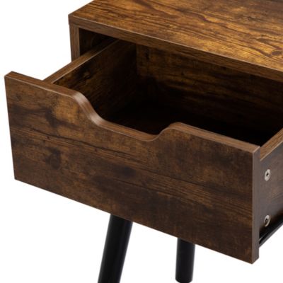 Mid Century Wood Side Table with Storage, Rustic Brown & Black