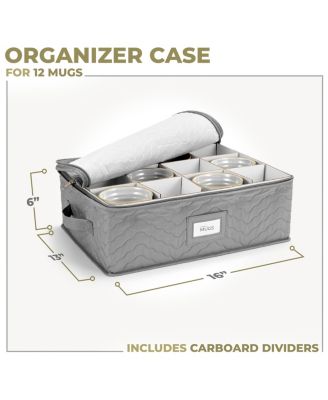 Quilted Coffee Mug Storage Case - Features label windows, handles, and dividers for 12 Mugs/Glassware (Gray)