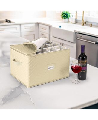 Quilted Glassware Storage Case with Dividers - Holds 12 - Great for Protecting Wine Glasses, Champagne Flutes, Goblets, and more (Beige)