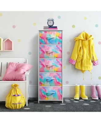 5-Pc Steel Frame Dresser with Wood Top & Fabric Bins – Narrow Storage Nightstand for Home & Office