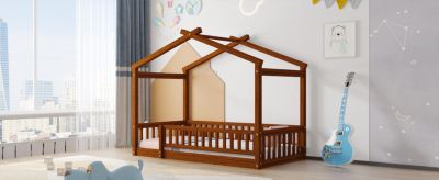 Streamdale Walnut Fence Bed House Frame for Kids and Teens