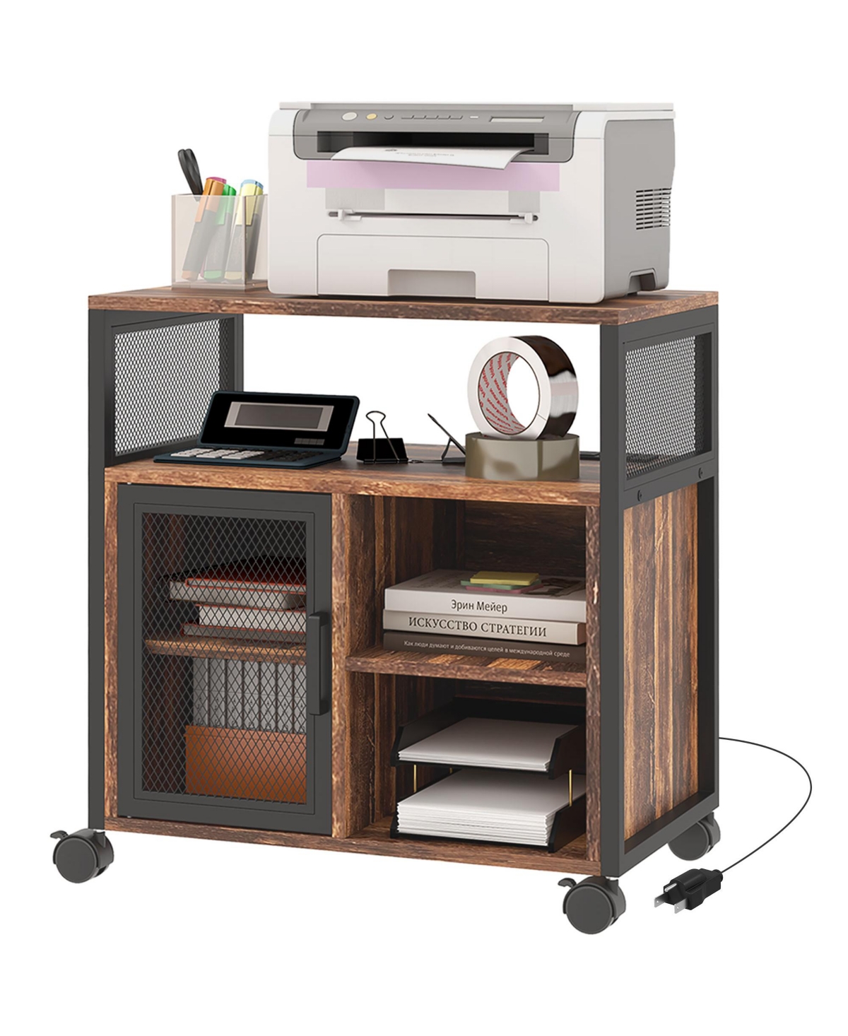 Vinsetto Mobile Printer Stand with Socket & Usb Ports,- Rustic brown