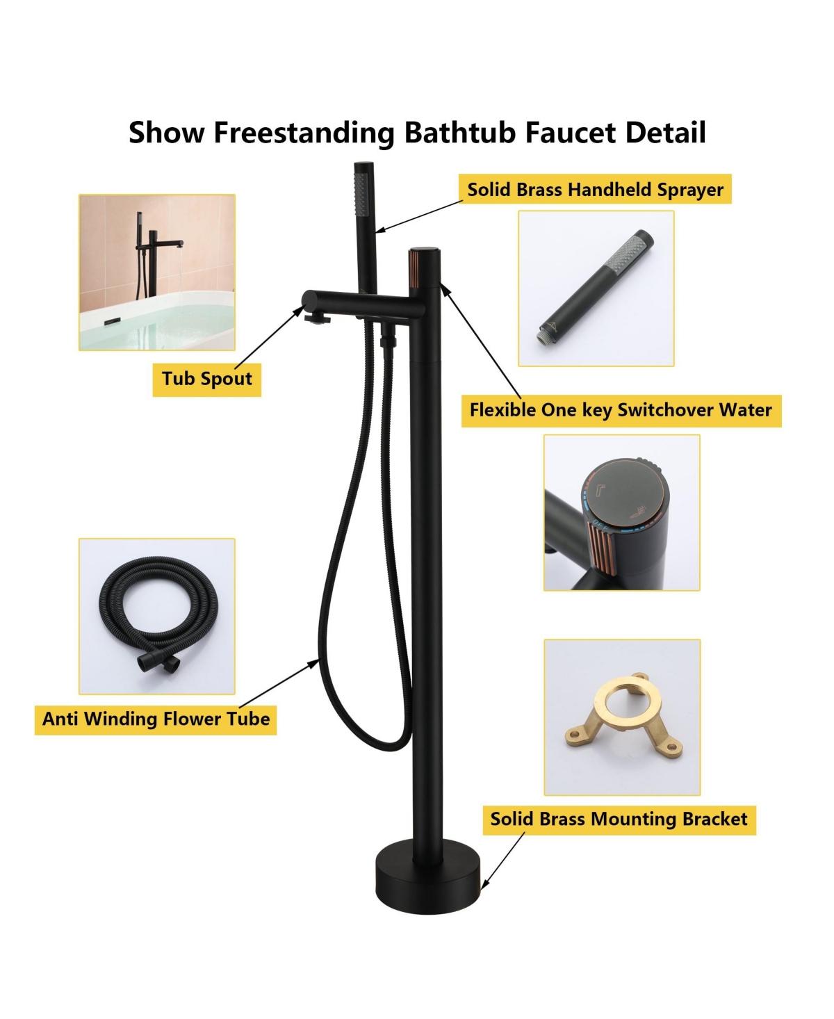 Boyel Living Modern Single-Handle Floor Mount Freestanding Tub Faucet with Hand Shower and Built-in Valve - Matte black