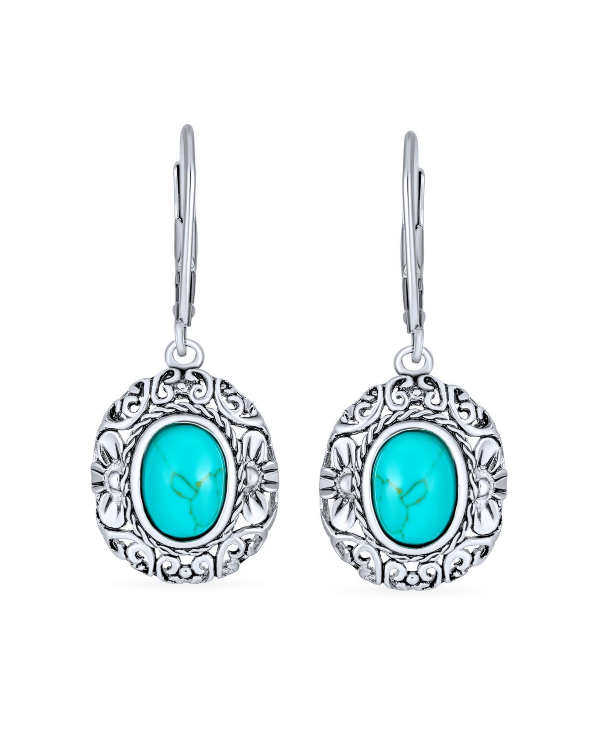 Bling Jewelry Floral Scroll Milgrain Blue Natural Turquoise Dome Oval Dangle Drops Earrings For Women Lever Back Oxidized Sterling Silver