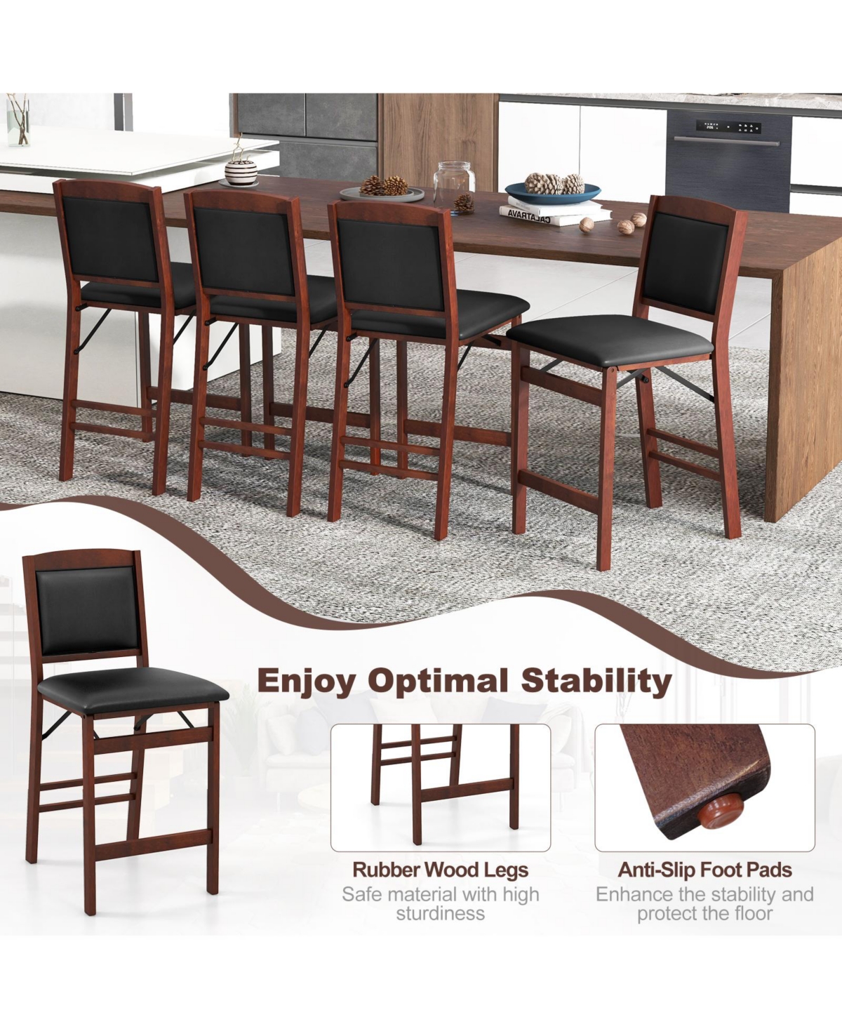 Vebreda Set of 2 Folding Kitchen Island Stool with Rubber Wood Legs
