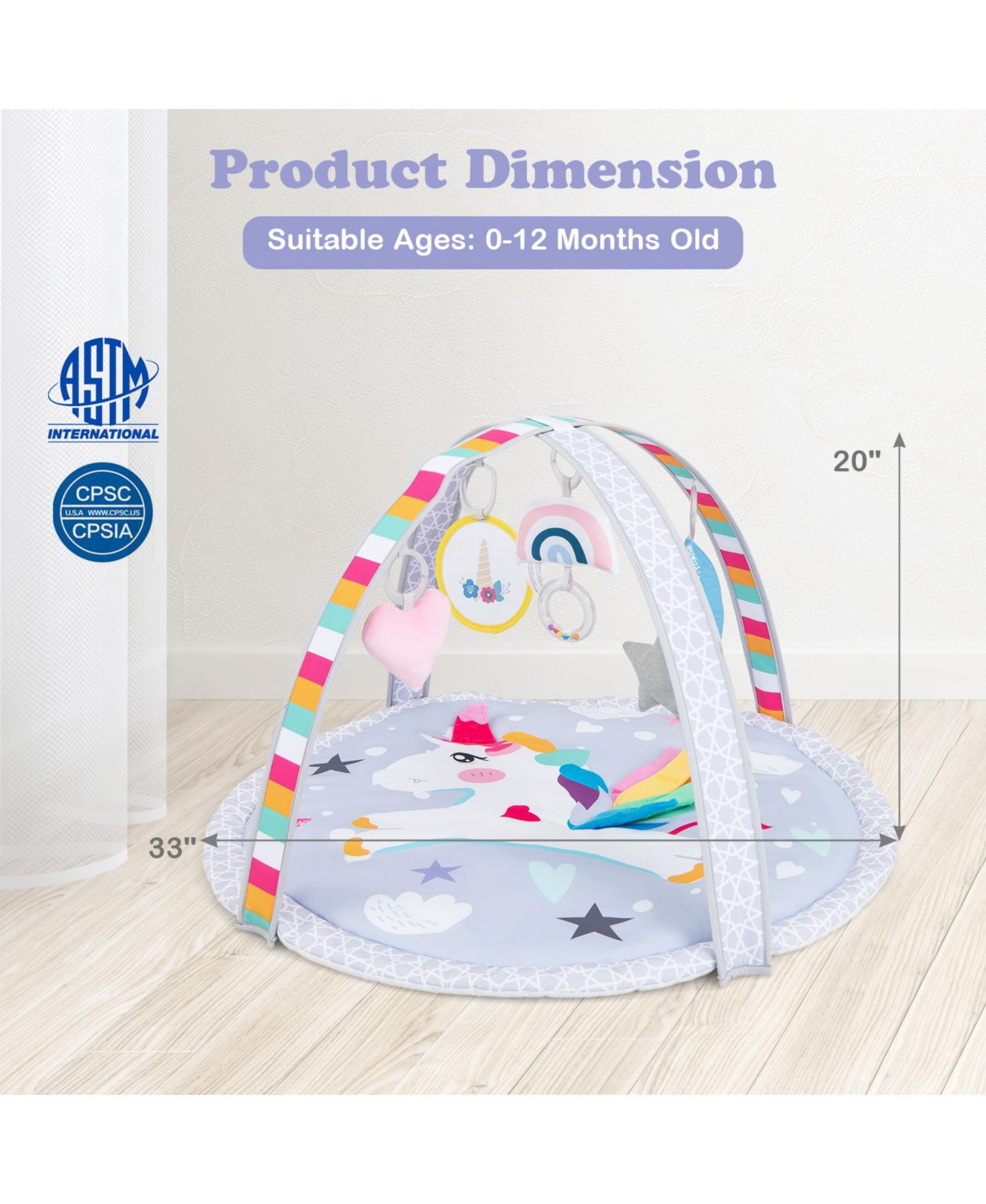 7-in-1 Baby Play Gym Mat with 5 Removable Sensory Toys, 33" x 20"