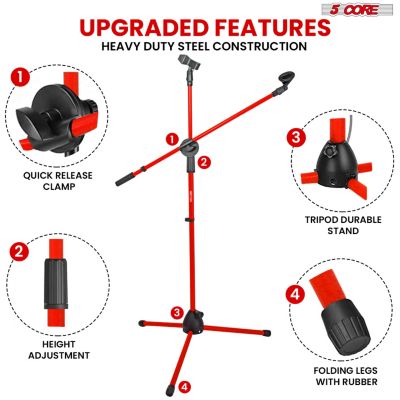 Mic Stand 4 Pcs Collapsible Height Adjustable 31 to 59” Dual Metal Microphone Tripod Stand w Boom Arm Stand Para Microfono for Singing, Karaoke, Stage and Outdoor Activities Red - MS DBL G RED 4pcs