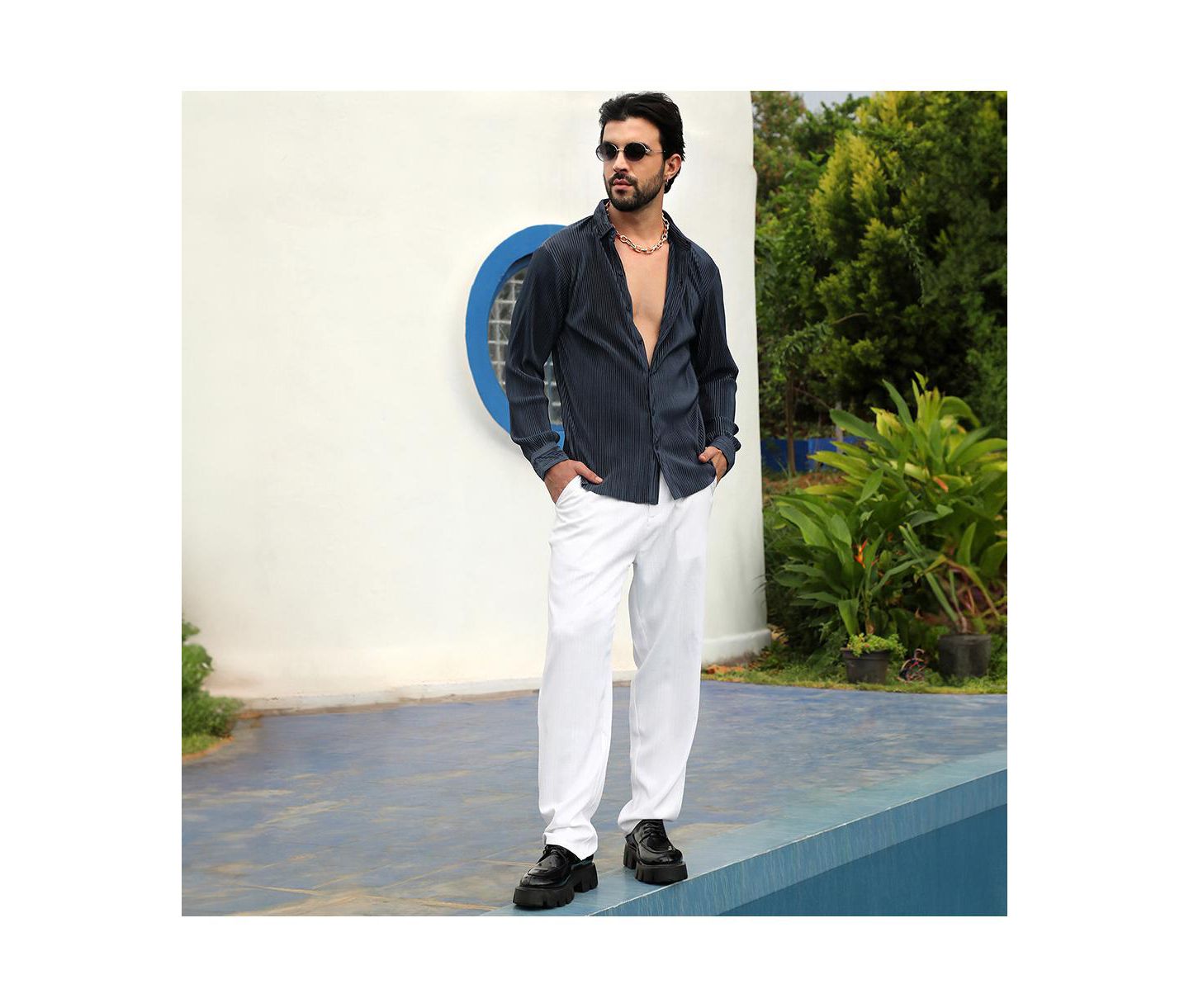Мужская рубашка Campus Sutra Navy Blue Pleat-Creased, цвет: Синий — фото 2
