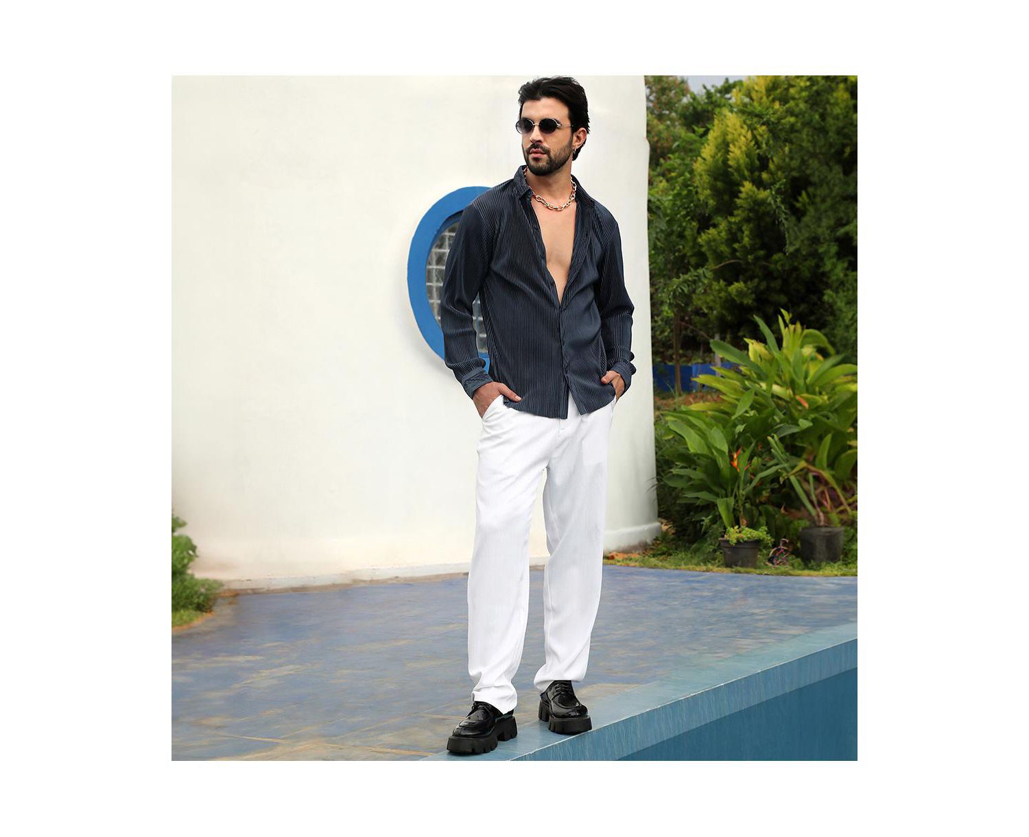 Men's Navy Blue Pleat-Creased Shirt