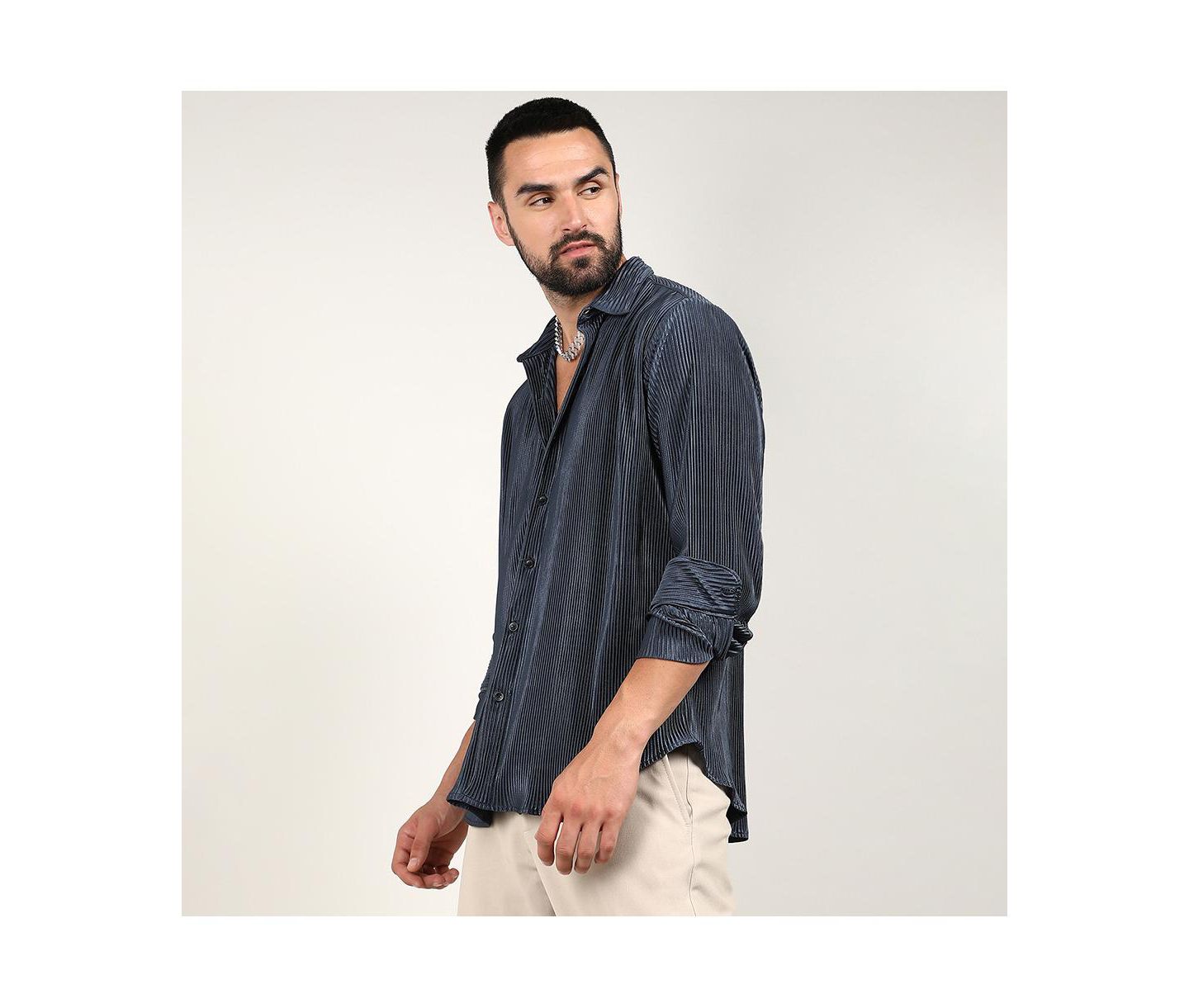 Мужская рубашка Campus Sutra Navy Blue Pleat-Creased, цвет: Синий — фото 4