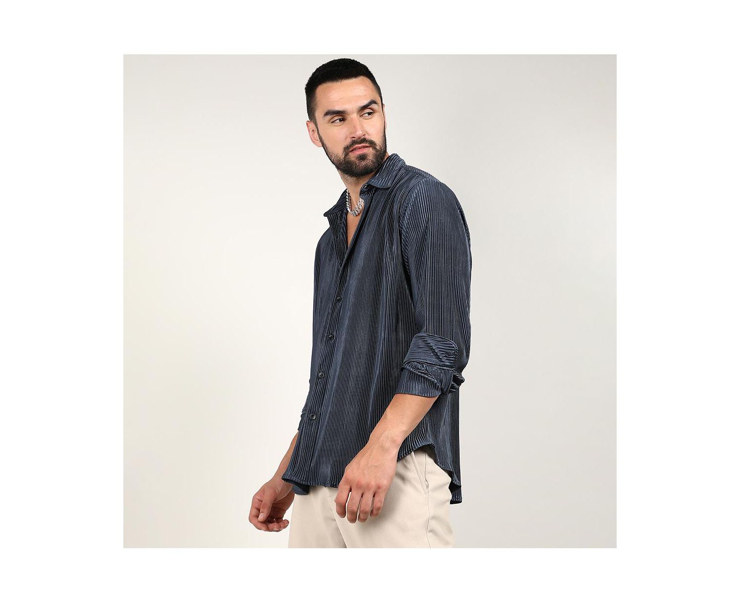 Men's Navy Blue Pleat-Creased Shirt