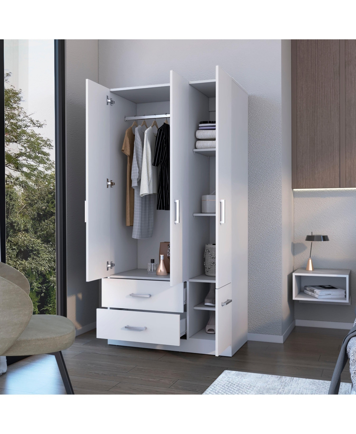 Fm Furniture Douglas Armoire in melamine, two drawers, hanging rod and 4 doors.