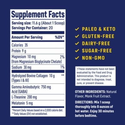 Collagen PM - Lemon Nighttime Collagen Peptides Powder with Magnesium, GABA, L-Theanine and Melatonin - 20 Servings