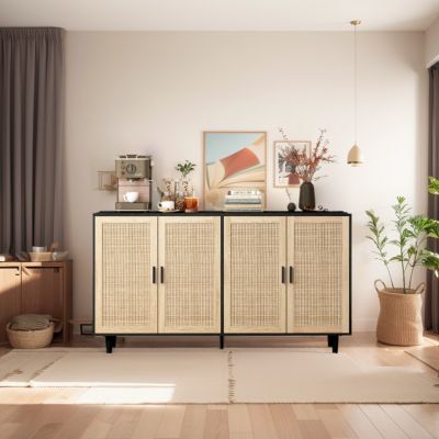 Particle Board Storage Cabinet with Rattan Doors and Ample Space