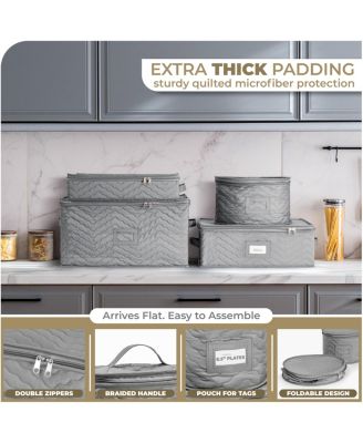 4 Piece Quilted China Dinnerware Storage Cases - for Dinnerware, Plate Organizer (Gray)