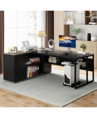 71 inch Executive Desk, L Shaped Desk with Cabinet Storage, Executive Office Desk with Shelves for Home Office