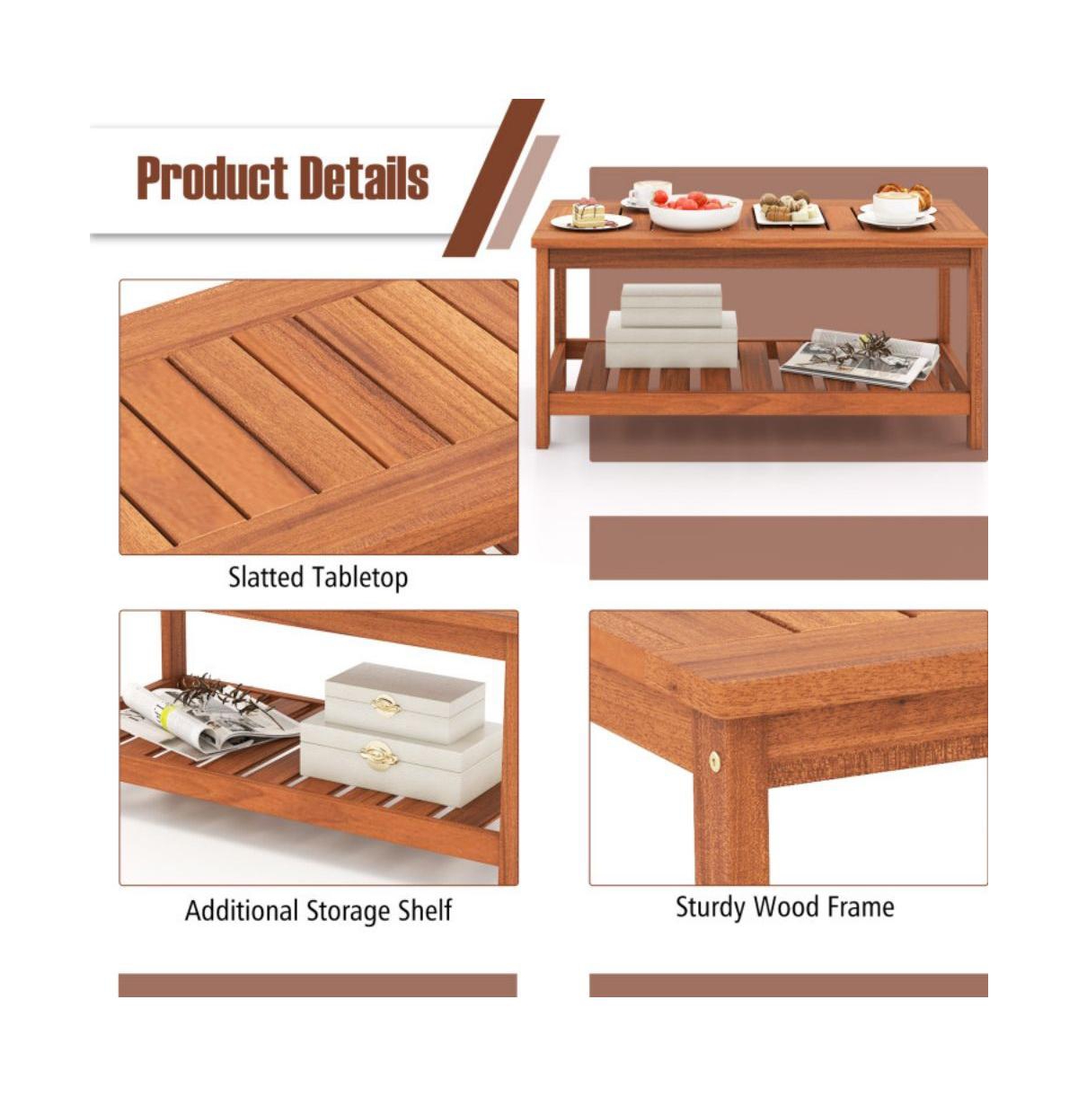 Sugift 2-Tier Patio Coffee Table with Slatted Tabletop and Shelf