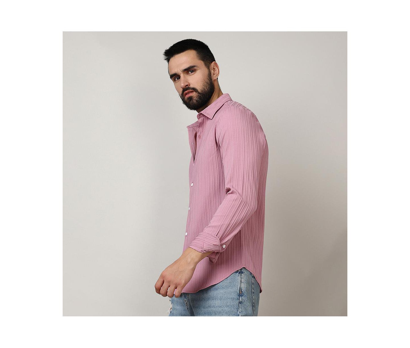 Мужская рубашка Cahoot Campus Sutra Salmon Pink Self-Design Striped, цвет: Розовый — фото 3