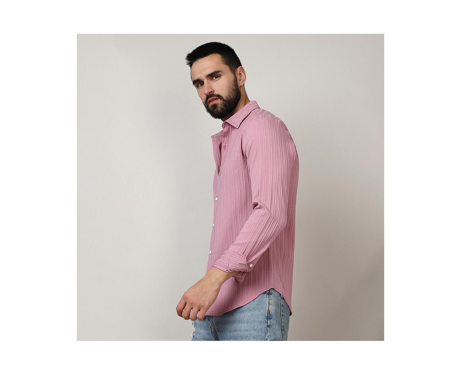 Men's Salmon Pink Self-Design Striped Shirt