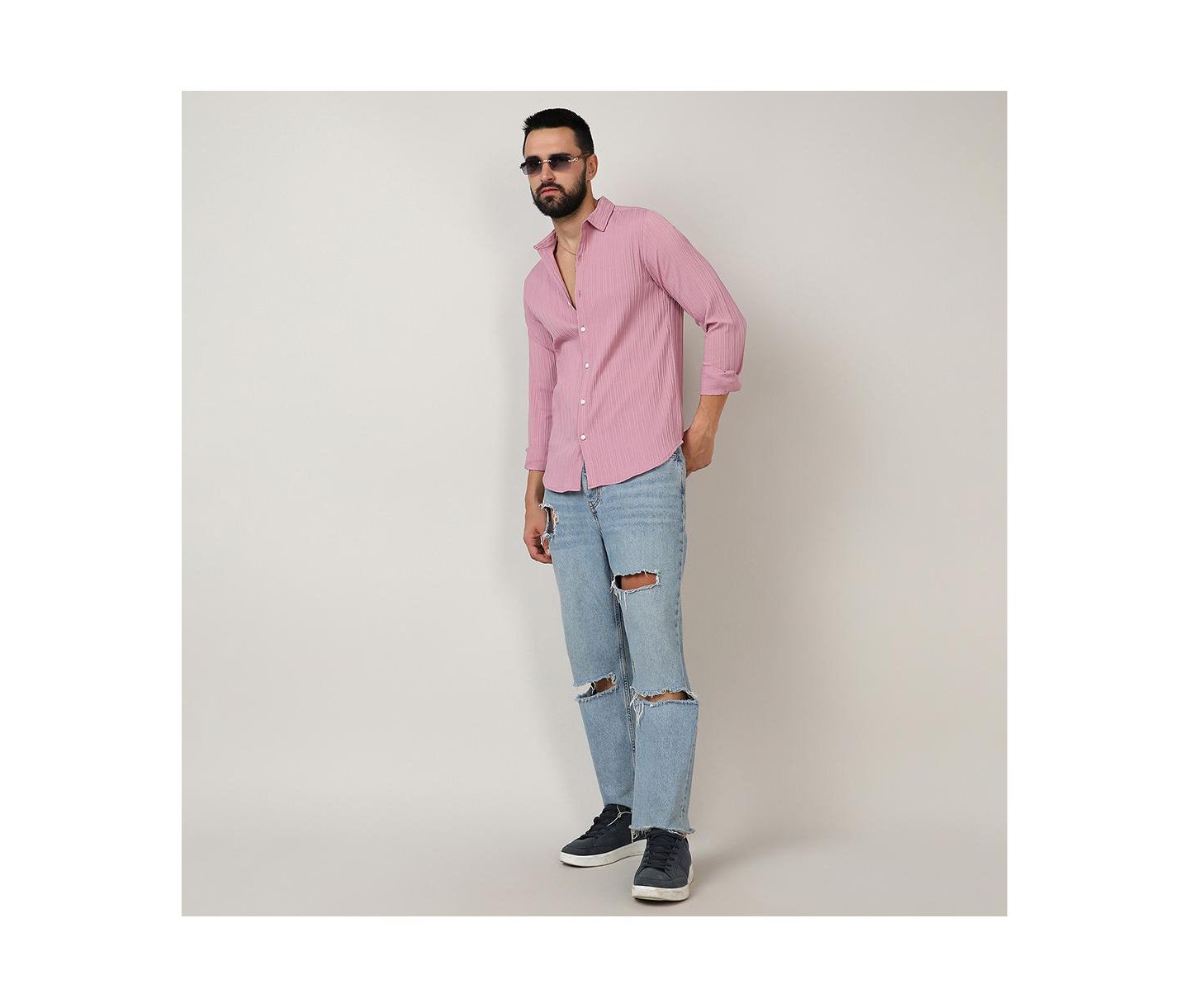 Мужская рубашка Cahoot Campus Sutra Salmon Pink Self-Design Striped, цвет: Розовый — фото 7