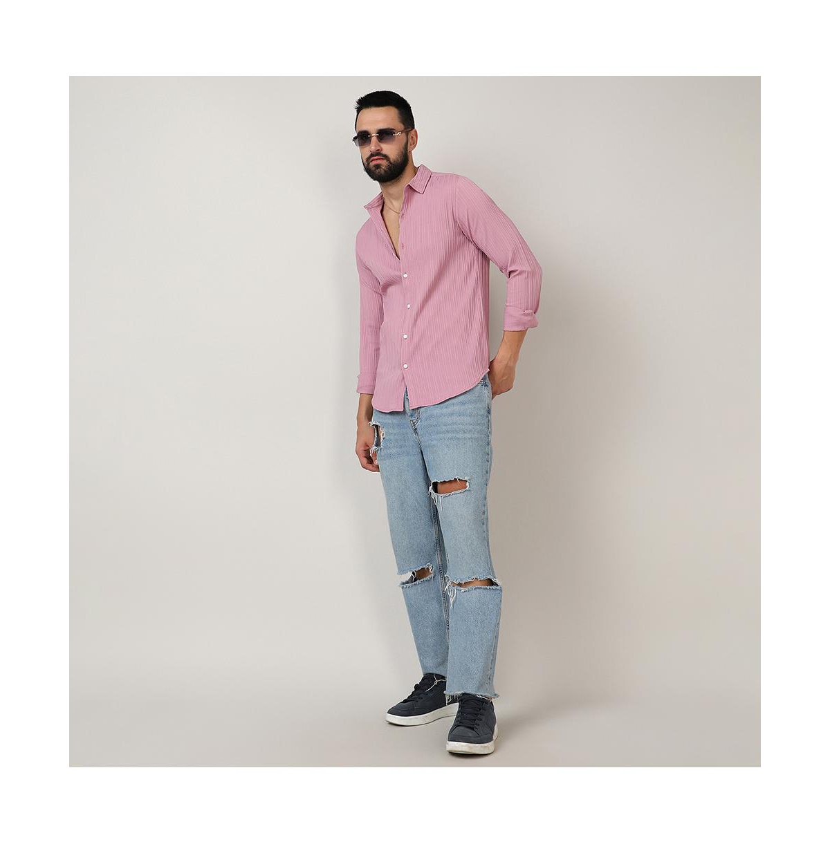 Campus Sutra Men's SalmonSelf-Design Striped Shirt - Pink