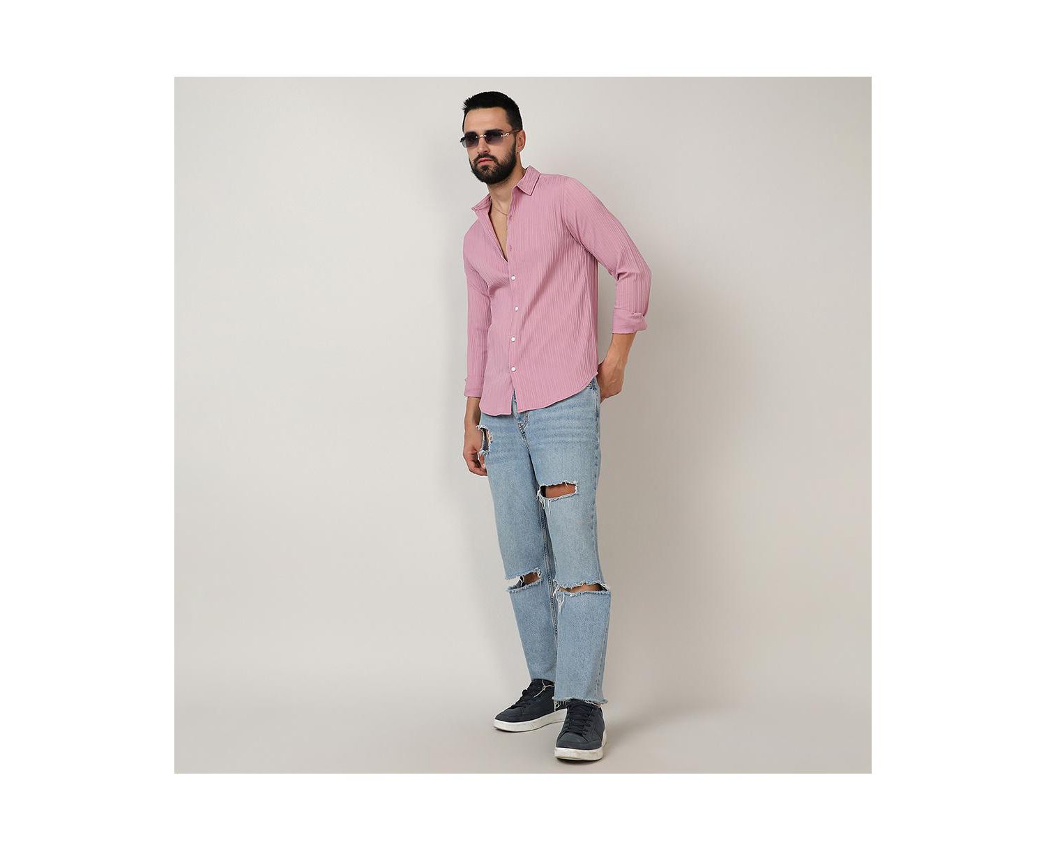 Men's Salmon Pink Self-Design Striped Shirt